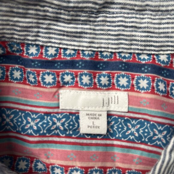 J Jill Button Up Shirt Womens Large Petite Boho Floral Back Linen Cotton Striped - Picture 3 of 6